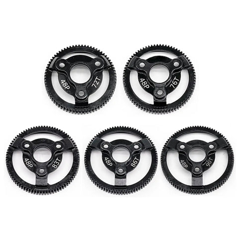 Assorted steel spur gears for RC cars, emphasizing 48P 90T for high-performance 1/10 vehicles