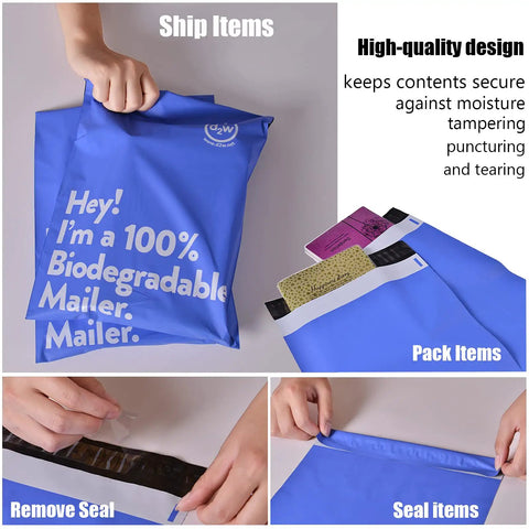 10x13 Inch Biodegradable D2W Poly Mailers 50 Pack Blue Compostable Shipping Bags Eco Friendly Waterproof Self Sealing Envelopes shown in use