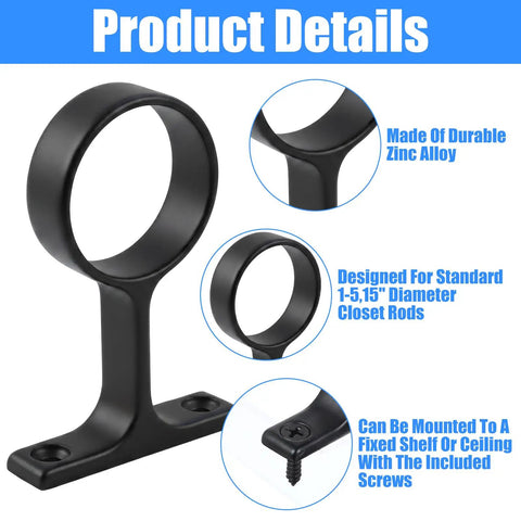 Two Packs One And A Quarter Inch Heavy Duty Closet Rod Brackets In Stainless Steel Rustproof Flange End Supports With Screws And Anchors For Wardrobe Rods Curtains And Kitchen Hanging Rails Black, detailed view.