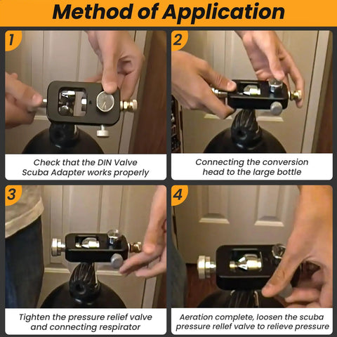 Steps to use High Pressure Valve Adapter With Scuba And Paintball Fill Stations, 4500 PSI Capacity, showing connection process.