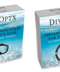 Packaging of Stick On Bifocal Magnifier Lenses For Dive Masks With Plus 1.50 Magnification, 2 Pack, showing underwater use.