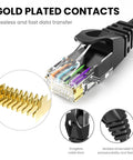 Close-up of Cat6 Ethernet Patch Cable 15 Feet 10 Pack with gold plated RJ45 connector details for gaming PCs