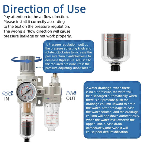 All In One Pro Grade Pneumatic Air Filter Regulator Lubricator With Oil Water Separator showing direction of use and installation instructions