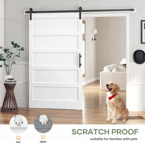 White 48x84 Inch Sliding Barn Door Slab With 8 Foot Hardware Kit Included 5 Panel MDF Wood Door in home interior with pet-friendly PVC surface.