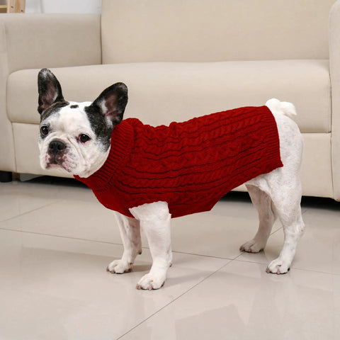 Cozy As Heck 2 Pack Dog Sweaters For Medium Breeds, Size L, Red And Green, Pawfect Winter Pullovers For Frenchies Corgis Dachshunds, Super Comfy Everyday Gear - Red cable knit sweater on a French Bulldog.