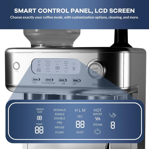 Next Level 15 Bar Espresso Machine With Solid Conical Burr Grinder And Creamy Milk Frother Brewing Killer Latte And Cappuccino Daily With PID Temp Control LCD Display smart control panel with LCD screen.