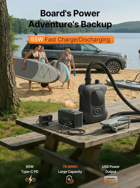 Cordless Paddle Board Pump With Long Battery Life Inflates 4.5 SUPs Up To 20 PSI on picnic table, beach scene in background
