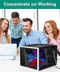 Group working around a black lockable medication storage box with code, holding electronic devices in an office setting.