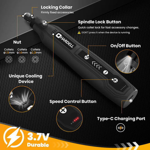Detailed view of the Mini Cordless Rotary Tool Kit with 5 Speed Settings and USB Charging, black power tool with labeled features.