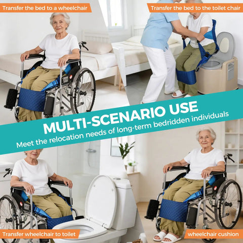 Heavy Hitter Patient Transfer Sling 330Lbs With Slide Board for Wheelchair mobility aid in multi-scenario use with elderly woman.