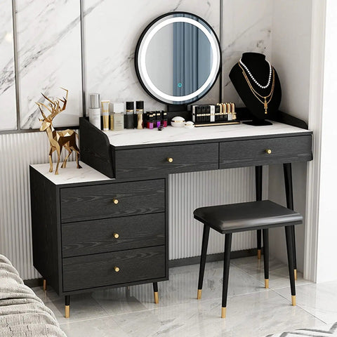 Rock Solid Gold Metal Furniture Legs Set of Four With Slanted Oblique Style 9.8 Inch Height Replacement Feet for Couches and Coffee Tables to Elevate Your Space While Handling Heavy Loads Up to 1000kg Capacity for Instant Home Upgrade, shown with black vanity table, mirror, and decorative items.