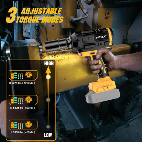 PFCTART 20V Brushless Impact Wrench, 1/2 Inch Cordless Impact Gun With 922 Ft-Lbs Max Torque And 3300Rpm Speed, Includes 6 Sockets For Auto Truck Tire Lug Nuts And Garage Work, Super Duper Power Tool