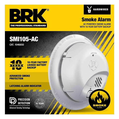 Hardwired AC Smoke Alarm With 10 Year Sealed Battery Backup And Smart Sensing Tech in packaging with advanced smoke protection features.