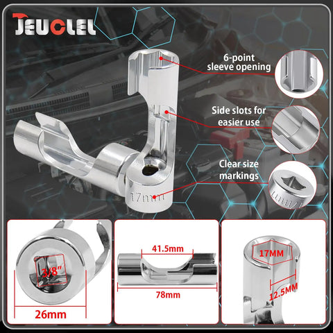 17mm Diesel Injector Fuel Line Socket Flare Nut Wrench with 6-point sleeve opening and clear size markings for easy use.
