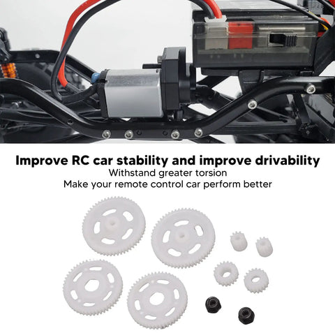 Lightweight 1/24 Pinion Gear And Spur Gear Conversion Kit For RC Cars Quiet Durable Axial SCX24 Transmission Upgrade shown with parts