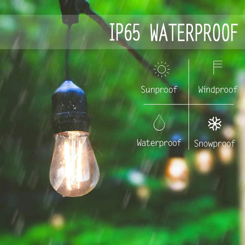 Close-up of a glowing bulb from 48 Ft Outdoor String Lights With 15 Shatterproof Bulbs 2W Commercial Grade Warm White 2700K IP65 Waterproof