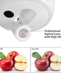 Close-up of wireless picture light with remote for art, optical lens with apples showing high CRI lighting effects.