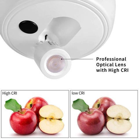 Close-up of wireless picture light with remote for art, optical lens with apples showing high CRI lighting effects.