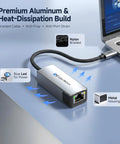 USB-C To 10Gb Ethernet Adapter With USB4 And Thunderbolt 5/4/3 Compatibility, premium aluminum build, blue power LED indicator