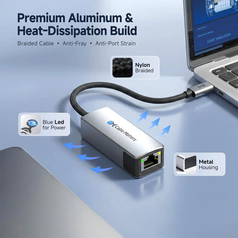 USB-C To 10Gb Ethernet Adapter With USB4 And Thunderbolt 5/4/3 Compatibility, premium aluminum build, blue power LED indicator