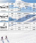 Sizing chart for heavy duty ice cleats with 19 stainless steel spikes for hiking boots, trail runners, and fishing boots.