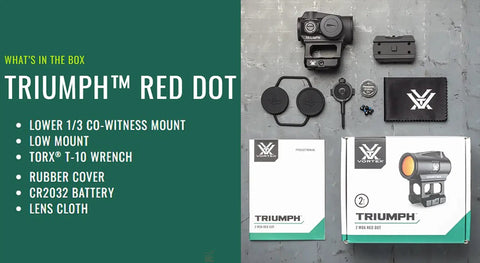 Triumph 2 MOA Red Dot Sight For Quick Target Lock With Unlimited Eye Relief Parallax Free Design And 9 Daylight Plus 2 Night Vision Illumination Levels Perfect For Tactical Range And Everyday Carry, boxed with mounts and accessories
