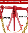 Heavy Duty 5/16-3/8 Inch Chain Binders Set Of 2 With 5/16 X 10 Ft Chains, Grade 70 Load Transport Bindings And Chains, Grappling Hook, 9,200 Lbs Working Load Capacity, Built For Industrial, Agricultural, And Logging Jobs showing red ratchet tensioner focus on loose and tighten mechanism.