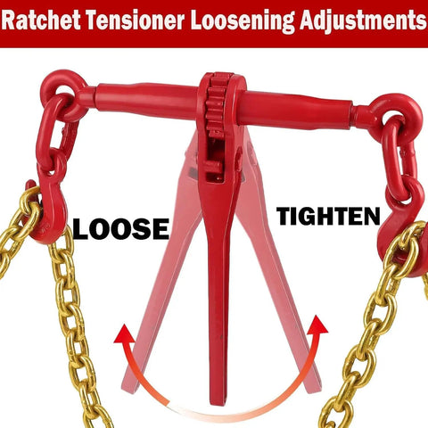 Heavy Duty 5/16-3/8 Inch Chain Binders Set Of 2 With 5/16 X 10 Ft Chains, Grade 70 Load Transport Bindings And Chains, Grappling Hook, 9,200 Lbs Working Load Capacity, Built For Industrial, Agricultural, And Logging Jobs showing red ratchet tensioner focus on loose and tighten mechanism.