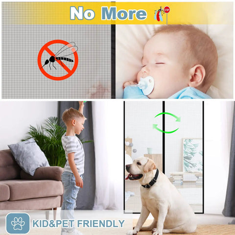 Heavy Duty Magnetic Screen Door With Full Length Magnets Fiberglass Mesh Keeps Bugs Out Lets Breeze In Self Sealing Closure Pet Friendly For Sliding And French Doors 70 By 78 Inch with child and pet inside