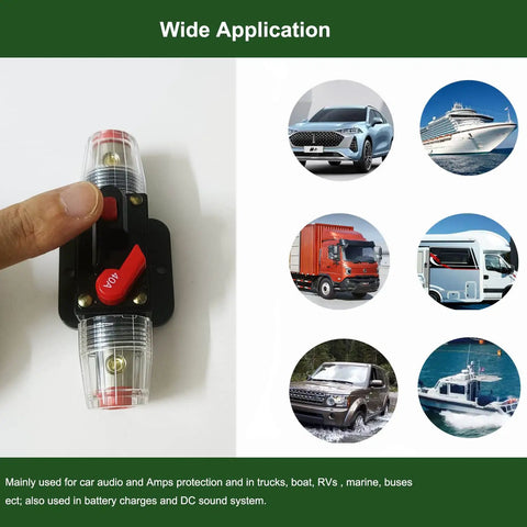 50 Amp Manual Reset Waterproof Inline Circuit Breaker For Cars ATVs Boats And Marine Trolling Motors Keep Your 12V To 48V DC Power Safe And Beefy Includes Inner Hex Tool And Mounting Screw with finger pointing for scale.