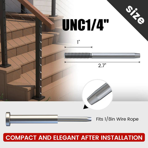 Invisible Stainless Steel Cable Railing Kit For One Eighth Inch Cable focusing on a 2.7" swage tensioner and deck application