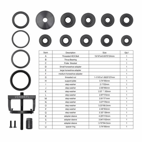 Wheel Bearing Removal And Installation Tool Kit For Front Rear And All Wheel Drive Vehicles Includes parts and size chart.