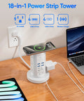 Straight Up Essential Power Strip Tower And Charging Station With Nine AC Outlets And Eight USB Ports Featuring A Super Compact Vertical Design Plus A Retractable Flat Cord For Easy Desk Organization on wooden desk with devices.