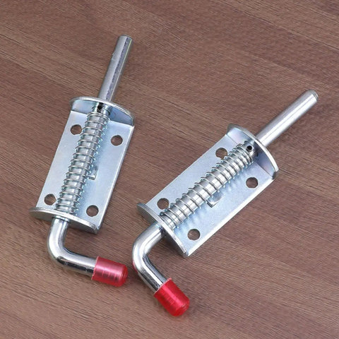 Premium Stainless Steel Spring Loaded Gate Latch And Bolt Hardware Set For Utility Dump Trailers Barn Doors close-up view of spring latch mechanism.