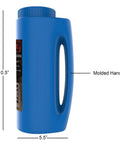 Side view of blue All Season Handheld Spreader For Salt, Seed And Fertilizer, Deicer And Ice Melt Ready, showing molded handle