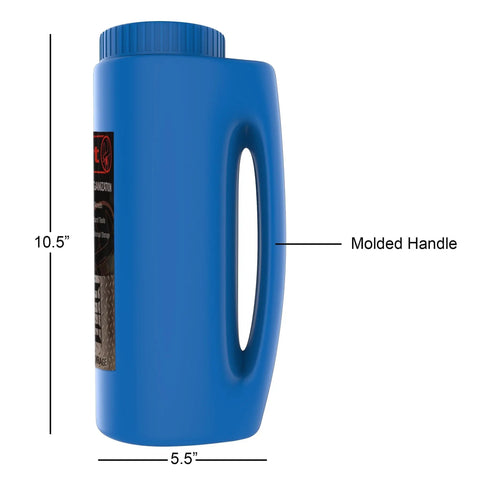 Side view of blue All Season Handheld Spreader For Salt, Seed And Fertilizer, Deicer And Ice Melt Ready, showing molded handle