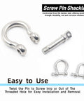 No Sweat Marine Ready 316 Stainless Steel Screw Pin Bow Shackles and threaded pin for easy installation, 3/16 Inch size.