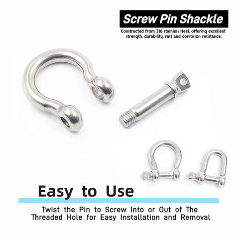 No Sweat Marine Ready 316 Stainless Steel Screw Pin Bow Shackles and threaded pin for easy installation, 3/16 Inch size.