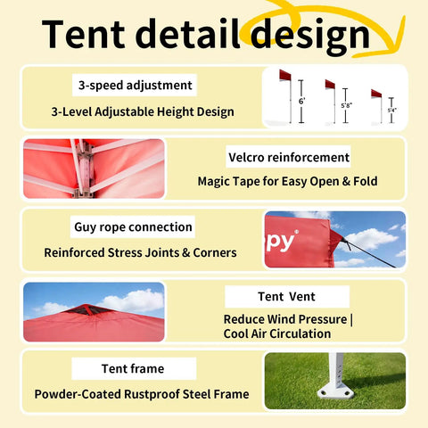 Tent detail design showcasing features such as adjustable height, Velcro reinforcement, and tent vent for 10x10 Pop Up Canopy Tent With Easy Up Setup Waterproof Outdoor Shelter On Wheels Red Ventilated Sun Shade For Patio Backyard Parties And Camping Ideal For Picnics And Events.