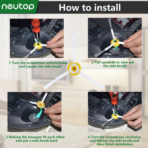 Installation guide for Replacement Side Brushes For Roomba 500 600 700 800 900 Series With Preinstalled Screws 9 Pack.
