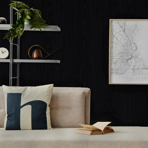 Living room with Black Wood Peel And Stick Wallpaper 197 Inches By 17.5 Inches DIY Friendly Self Adhesive Removable Vinyl Cover