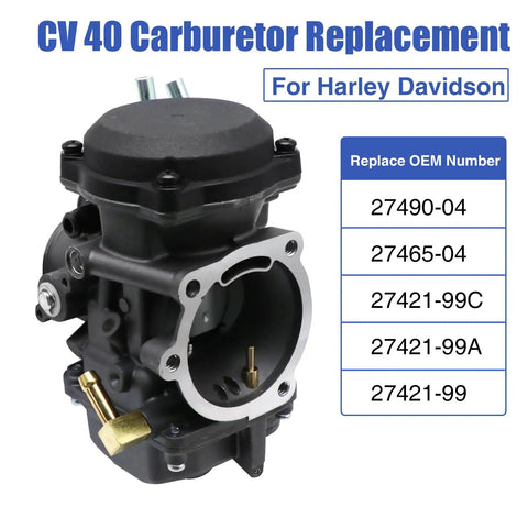 Black CV40 Carburetor Replacement Kit for Harley Davidson featuring OEM numbers and components