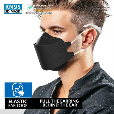Man wearing KN95 Face Masks 50 Pack for Adults and Teens, Disposable Black Masks With Breathable Comfort, 4 Layer Filtration Over 95 Percent.
