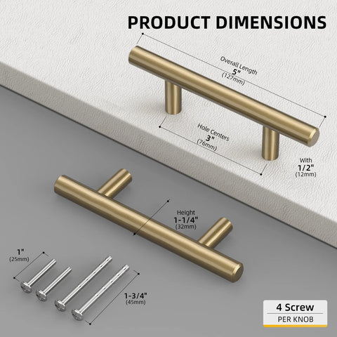 Product dimensions of 25 Pack Champagne Bronze Cabinet Pulls 3 Inch Drawer Handles with screws and measurements