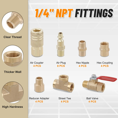 Brass One Quarter Inch NPT Air Fittings Kit All In One Heavy Duty Thirty Two Piece Set with Ball Valve and Hex Couplings