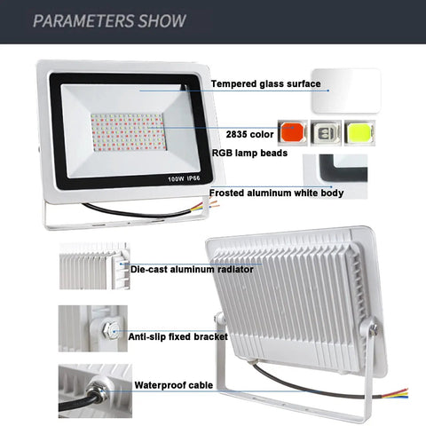 JUDYSSY 30/50/100 W Led Floodlight Outdoor, 95Lm/W Colour Changing Flood Light, 100W with tempered glass and aluminum body.