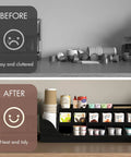 Large 3 Tier Coffee Station Organizer With Drawer before and after showing organized tea cups and condiments