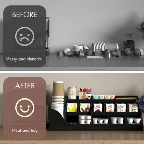 Large 3 Tier Coffee Station Organizer With Drawer before and after showing organized tea cups and condiments