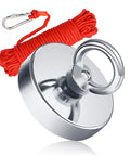 Close-up of 2.36-inch fishing magnet kit with red rope and chrome ring