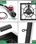 Close-up of Beefy 75,000 BTU Dual Burner Portable Gas Camp Stove components, including cast iron burner and removable legs.